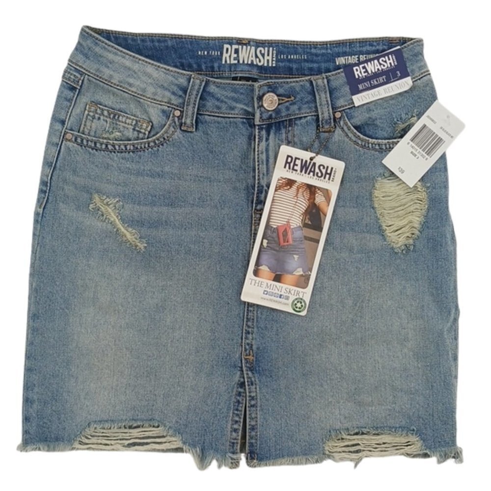 Rewash Womens Denim Mini Skirt Distressed Raw Hem Light Wash Size 3